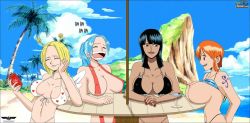 Rule 34 | 4girls, bare shoulders, bikini, black hair, blonde hair, blue hair, breasts, breasts out, can, cleavage, conis (one piece), covered erect nipples, drink, closed eyes, huge breasts, large breasts, laughing, long hair, multiple girls, nami (one piece), nefertari vivi, nico robin, nipples, one piece, open mouth, orange hair, ponytail, short hair, slingshot swimsuit, swimsuit, table, tattoo, tree