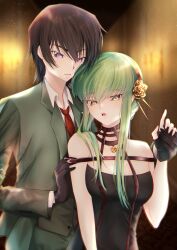 Rule 34 | 1girl, absurdres, bare shoulders, black dress, black gloves, brown hair, budgiepon, c.c., closed mouth, code geass, cosplay, dress, flower, formal, gloves, gold hairband, green hair, green jacket, green suit, hair flower, hair ornament, hairband, highres, jacket, lelouch vi britannia, long hair, long sleeves, looking at viewer, necktie, open mouth, purple eyes, red necktie, short hair, sleeveless, sleeveless dress, solo, spy x family, standing, suit, twilight (spy x family), twilight (spy x family) (cosplay), yellow eyes, yor briar, yor briar (cosplay)