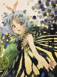 Rule 34 | 1girl, antenna hair, aqua hair, blush, brown eyes, butterfly wings, dress, eternity larva, fairy, green dress, highres, insect wings, leaf, leaf on head, misawa hiroshi, multicolored clothes, multicolored dress, open mouth, painting (medium), short hair, short sleeves, single strap, solo, teeth, touhou, traditional media, upper teeth only, watercolor (medium), wings