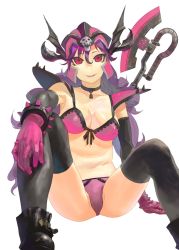 Rule 34 | 1girl, armor, bad id, bad pixiv id, bikini armor, boots, bracelet, breasts, chunsoft, cleavage, dragon quest, dragon quest iii, enix, front-tie top, gloves, helmet, jewelry, large breasts, long hair, no nose, purple hair, red eyes, shoulder pads, sitting, soldier (dq3), solo, spiked bracelet, spikes, thighhighs, tomono rui