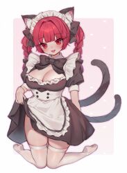 Rule 34 | 1girl, absurdres, alternate costume, animal ears, apron, black bow, black bowtie, black dress, blush, bow, bowtie, braid, breasts, cat ears, cat girl, cat tail, cleavage, clothes lift, commentary, dress, dress lift, enmaided, frilled apron, frills, heart, heart background, highres, kaenbyou rin, kneeling, large breasts, lifted by self, looking at viewer, maid, maid apron, multiple tails, qiu ju, simple background, smile, solo, tail, thighhighs, touhou, twin braids, white apron, white thighhighs