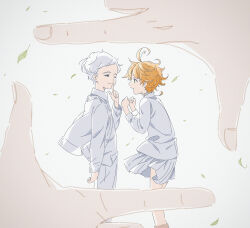Rule 34 | 1boy, 1girl, absurdres, awarin, blue eyes, collared shirt, emma (yakusoku no neverland), eye contact, finger frame, finger to mouth, green eyes, highres, leaf, looking at another, neck tattoo, norman (yakusoku no neverland), number tattoo, orange hair, pants, pov, pov hands, shirt, short hair, shushing, skirt, tattoo, white background, white hair, white pants, white shirt, white skirt, yakusoku no neverland
