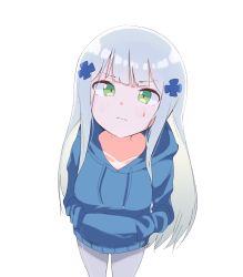 Rule 34 | 1girl, blue hoodie, blush, closed mouth, collarbone, commentary, drawstring, facial mark, girls&#039; frontline, green eyes, grey hair, grey pantyhose, hair ornament, hands in pockets, highres, hk416 (girls&#039; frontline), hood, hood down, hoodie, long hair, long sleeves, pantyhose, sidelocks, simple background, solo, tosyeo, very long hair, wavy mouth, white background