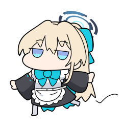 Rule 34 | 1girl, bell, black dress, black sleeves, blonde hair, blue archive, blue bow, blue eyes, bow, chibi, detached sleeves, dress, grey pantyhose, hair between eyes, hair bow, halo, jingle bell, long hair, long sleeves, looking at viewer, no shoes, nyaru (nyaru 4126), pantyhose, simple background, sleeveless, sleeveless dress, solo, toki (blue archive), very long hair, white background, wide sleeves