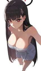 Rule 34 | 1girl, black hair, black halo, blue archive, breasts, cleavage, commentary, english commentary, gyunzai, hair ornament, hairclip, halo, highres, large breasts, long hair, looking at viewer, naked towel, red eyes, rio (blue archive), simple background, solo, towel, white background, white towel