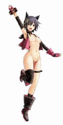 Rule 34 | 10s, 1girl, :d, animal ears, arm up, armpits, asymmetrical clothes, asymmetrical legwear, belt, black hair, black socks, boots, breasts, brown eyes, buckle, cat ears, cat girl, clenched hands, collar, cropped jacket, detached sleeves, female focus, fingerless gloves, full body, gloves, god eater, god eater 2: rage burst, groin, hair between eyes, hair ornament, hairpin, happy, jacket, kneehighs, kouzuki nana, leg lift, legs, long image, looking at viewer, navel, nipples, no pussy, nude, nude filter, open clothes, open jacket, open mouth, pink gloves, short hair, simple background, small breasts, smile, socks, sogabe shuuji, solo, standing, standing on one leg, striped, tall image, thigh strap, thighhighs, thighs, third-party edit, tiptoes, uneven legwear, unzipped, vertical stripes, white background, wristband, zipper