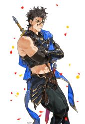Rule 34 | 1boy, armor, artist name, belt, black hair, blue cape, breastplate, brown belt, cape, confetti, crossed arms, diarmuid ua duibhne (lancer) (fate), diarmuid ua duibhne (saber), diarmuid ua duibhne (saber) (fate), fate/grand order, fate (series), g0ringo, gauntlets, looking at viewer, male focus, midriff, parted lips, sleeveless, solo, sword, weapon, yellow eyes