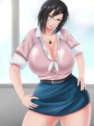 Rule 34 | 1girl, black hair, breasts, cleavage, glasses, huge breasts, jewelry, looking at viewer, mature female, necklace, original, saogokushi, short hair, solo