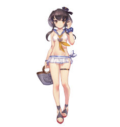 Rule 34 | 1girl, alternate costume, bare shoulders, bikini, bikini top only, black hair, blush, breasts, brown eyes, closed mouth, collarbone, commentary request, full body, gradient hair, grey hair, hair between eyes, hand up, highres, kantai collection, looking at viewer, medium breasts, miniskirt, multicolored hair, navel, nemo (leafnight), sandals, shoes, short hair, short hair with long locks, sidelocks, simple background, skirt, smile, solo, standing, swimsuit, thigh strap, tokitsukaze (kancolle), white background