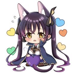 Rule 34 | 1girl, animal ear fluff, animal ears, assault lily, black footwear, black necktie, black ribbon, blue cloak, blue shirt, blue skirt, blush, bodystocking, boots, breasts, brown pantyhose, cat ears, cat girl, cat tail, chibi, cloak, collared shirt, commentary, crossed bangs, earrings, fang, flying sweatdrops, full body, hair ribbon, hands up, heart, heart background, highres, hishida haru, holding, holding heart, jewelry, kemonomimi mode, long hair, looking at viewer, medium breasts, miniskirt, necktie, odaiba girls high school uniform, open mouth, pantyhose, pleated skirt, ribbon, school uniform, shirt, short necktie, signature, simple background, sitting, skirt, solo, stealth nyanko, stud earrings, tail, twintails, two-tone shirt, very long hair, white background, white shirt, yellow eyes, yellow ribbon, yokozuwari
