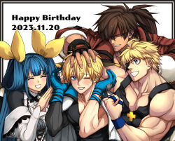 Rule 34 | 1girl, 3boys, black gloves, blonde hair, blue eyes, blue gloves, blue hair, brown hair, dated, dizzy (guilty gear), ebi pri shrimp, eyepatch, family, father-in-law and son-in-law, father and son, fingerless gloves, forehead protector, gloves, grandfather and grandson, guilty gear, guilty gear strive, hair between eyes, hair ribbon, hair rings, happy birthday, headband, highres, husband and wife, ky kiske, long hair, looking at viewer, male focus, mother and son, multiple boys, muscular, muscular male, open mouth, pectorals, ribbon, short hair, sin kiske, smile, sol badguy, spiked hair, yellow ribbon