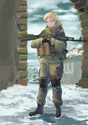 Rule 34 | 1girl, absurdres, ak-74, ak-74m, assault rifle, black gloves, blonde hair, blue sky, boots, brown footwear, closed mouth, cloud, cloudy sky, gloves, green jacket, green pants, gun, highres, holding, holding gun, holding weapon, jacket, kalashnikov rifle, knee pads, long sleeves, looking at viewer, military, military uniform, original, outdoors, pants, rifle, russian army, ryo 362020, shadow, short hair, sky, snow, solo, standing, uniform, weapon