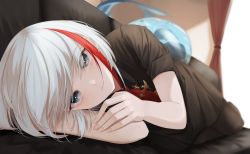 Rule 34 | 1girl, admiral graf spee (azur lane), admiral graf spee (girl&#039;s sunday) (azur lane), admiral graf spee (girl&#039;s sunday) (azur lane), azur lane, black dress, black pantyhose, blue eyes, blurry, blush, breasts, commentary request, couch, cross, curtains, depth of field, dress, fins, fish tail, full body, head rest, indoors, iron cross, looking at viewer, lying, medal, medium breasts, multicolored hair, necktie, on side, pantyhose, red hair, red necktie, shark tail, short hair, short necktie, short sleeves, sidelocks, silver hair, smile, solo, streaked hair, tail, window, yamada maya (yamdmay)
