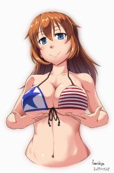 Rule 34 | 1girl, american flag bikini, american flag print, artist name, bikini, blue eyes, blush, breast hold, breasts, brown hair, charlotte e. yeager, cleavage, closed mouth, collarbone, dated, female focus, flag print, fumie umetora, highres, large breasts, long hair, looking at viewer, navel, print bikini, shiny clothes, shiny skin, simple background, skindentation, smile, solo, strike witches, swimsuit, upper body, white background, world witches series