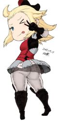 Rule 34 | 1girl, ahoge, ass, blonde hair, blue eyes, boots, bow, bravely default: flying fairy, bravely default (series), edea lee, from behind, gloves, hair bow, looking at viewer, one eye closed, pants, skirt, solo, tsukudani (coke-buta), upskirt, v, white legwear