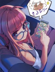 Rule 34 | 1girl, ahoge, blunt bangs, blush, breasts, cellphone, cleavage, downblouse, from above, glasses, headphones, indoors, looking at viewer, looking back, looking over eyewear, off-shoulder shirt, off shoulder, persona, persona 5, phone, pink hair, puzzle &amp; dragons, rotix, sakura futaba, shirt, sidelocks, sitting, small breasts, smartphone, solo