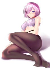 Rule 34 | 1girl, absurdres, black pantyhose, bra, fate/grand order, fate (series), frilled bra, frills, full body, hair over one eye, highres, looking at viewer, lying, mash kyrielight, pantyhose, pink hair, purple bra, purple eyes, rev60, shiny skin, short hair, simple background, solo, thighband pantyhose, underwear, underwear only, white background