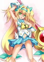 Rule 34 | 1girl, armpits, bell, neck bell, blazblue, blonde hair, collar, gloves, green eyes, hairband, heart, heart-shaped pupils, long hair, midriff, muchourin, navel, panties, pantyshot, platinum the trinity, roura, solo, staff, symbol-shaped pupils, two side up, underwear