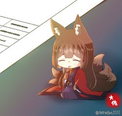 Rule 34 | 1girl, :d, ^ ^, amagi (azur lane), animal ears, azur lane, blunt bangs, bridal gauntlets, brown hair, closed eyes, commentary request, eyeshadow, fox ears, fox girl, fox tail, hair between eyes, hair ornament, japanese clothes, kitsune, kyuubi, long hair, long sleeves, looking at viewer, makeup, mini person, minigirl, multiple tails, open mouth, paper, seiza, sidelocks, signature, simple background, sitting, smile, solo, tail, taisa (kari), thick eyebrows, twitter username, wide sleeves