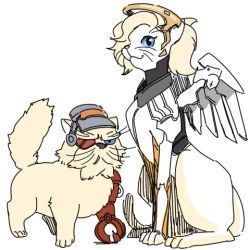 Rule 34 | 1boy, 1girl, angel wings, animal, animal ears, animal focus, animalization, annoyed, armor, blizzard (company), blonde fur, blonde hair, blue eyes, body fur, cat, cat ears, cat tail, closed mouth, eyepatch, flat color, fluffy, full body, hair over one eye, halo, headband, helmet, lillu, long hair, looking at viewer, lowres, machinery, mask, mask on head, mechanical wings, mercy (overwatch), overwatch, overwatch 1, ponytail, prosthesis, prosthetic leg, simple background, sitting, slit pupils, smile, standing, tail, torbjorn (overwatch), welding mask, whiskers, white background, wings