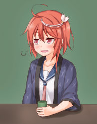 Rule 34 | 1girl, ahoge, anti (untea9), commentary request, cup, dotera (clothes), green background, hair ornament, highres, holding, holding cup, i-58 (kancolle), kantai collection, neckerchief, open mouth, pink hair, pink neckerchief, red eyes, school uniform, serafuku, short hair, solo, upper body, yunomi