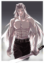 Rule 34 | 1boy, abs, belt, black pants, border, cowboy shot, final fantasy, final fantasy vii, gradient background, grey background, grey hair, holding, holding sword, holding weapon, katana, light smile, long bangs, long hair, looking at viewer, male focus, masamune (ff7), multiple belts, muscular, muscular male, no nipples, pants, parted bangs, satuko8, sephiroth, solo, sword, thigh strap, topless male, weapon