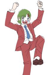 1girl alternate_costume alternate_hair_color arms_up batman_(series) blue_necktie chainsaw_man clown commentary cosplay dancing dc_comics green_hair hair_ornament hairclip higashiyama_kobeni highres jacket joker_(2019) joker_(dc)_(cosplay) necktie pants red_jacket red_pants shirt simple_background solo the_joker white_background white_shirt y7u7e7