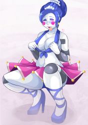 Rule 34 | 1girl, ballerina, ballora (fnaf), bare shoulders, blue hair, blush, blush stickers, bra, breasts, colored skin, condom, earrings, five nights at freddy&#039;s, five nights at freddy&#039;s: sister location, high heels, jewelry, legs, lipstick, looking at viewer, makeup, navel, one eye closed, purple eyes, robot, simple background, smile, tutu, underwear, white skin