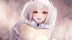 Rule 34 | 1girl, :d, albino, azur lane, bare shoulders, blue gemstone, blurry, blurry background, breasts, bright pupils, cleavage, collarbone, detached collar, detached sleeves, gem, highres, large breasts, looking at viewer, open mouth, oregano (olgn eao), red eyes, short hair, signature, sirius (azur lane), smile, solo, upper body, veil, white hair