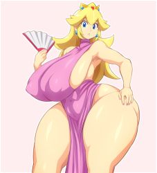 Rule 34 | 1girl, ass, blonde hair, blue eyes, breasts, covered erect nipples, crown, curvy, dress, earrings, hand fan, highres, huge ass, huge breasts, jadf, jewelry, long hair, mario (series), nintendo, no bra, no panties, plump, princess peach, shiny skin, solo, standing, super mario bros. 1, thick thighs, thighs, wide hips