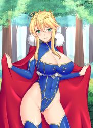 Rule 34 | 1girl, ahoge, artoria pendragon (fate), artoria pendragon (lancer) (fate), blonde hair, blue leotard, blue thighhighs, blush, braid, breasts, bush, cameltoe, cape, cleavage, cleavage cutout, clothing cutout, covered erect nipples, covered navel, cowboy shot, dated, detached sleeves, fate/grand order, fate (series), french braid, fur cape, fur trim, green eyes, heattech leotard, highleg, highleg leotard, highres, hip focus, impossible clothes, large breasts, leotard, lips, long hair, looking at viewer, ppshex, red cape, sidelocks, signature, smile, solo, thighhighs, tree, turtleneck