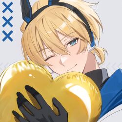 Rule 34 | 1boy, balloon, black gloves, blonde hair, blue eyes, chap yun, close-up, closed mouth, gloves, grey background, hair between eyes, headphones, heart, highres, holostars, hugging object, jacket, kishido temma, looking at viewer, male focus, one eye closed, ponytail, portrait, short hair, smile, solo, virtual youtuber