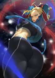 Rule 34 | 1girl, arms behind head, arms up, ass, bare shoulders, black gloves, black pants, black sports bra, blonde hair, blue eyes, blue jacket, blush, breasts, cammy white, facial scar, fingerless gloves, gloves, highres, huge ass, jacket, large breasts, looking at viewer, looking back, mhk (mechamania), open clothes, open jacket, pants, scar, scar on cheek, scar on face, short hair, solo, sports bra, street fighter, street fighter 6, thick thighs, thighs, tight clothes, tight pants, toned, wide hips