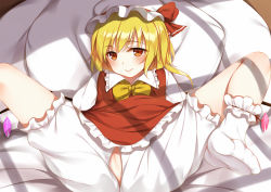 Rule 34 | 1girl, ascot, blonde hair, bloomers, crotchless, crotchless bloomers, feet, flan (seeyouflan), flandre scarlet, hat, hat ribbon, looking at viewer, lying, miniskirt, mob cap, no shoes, pillow, red eyes, red ribbon, red skirt, ribbon, skirt, skirt set, smile, socks, solo, spread legs, toes, touhou, underwear, vest, white socks, wings