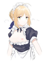 Rule 34 | 1girl, ahoge, apron, artoria pendragon (all), artoria pendragon (fate), black ribbon, blonde hair, breasts, closed mouth, commentary, dress, fate/stay night, fate (series), green eyes, highres, long hair, looking at viewer, maid, maid apron, maid headdress, neck ribbon, nipples, official alternate costume, puffy sleeves, ribbon, saber (fate), short sleeves, sidelocks, small breasts, solo, suzuakks, tearing up, upper body