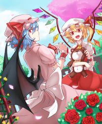 Rule 34 | 2girls, :d, bat wings, blonde hair, blue hair, cherry blossoms, cup, dress, fang, fang out, fangs, flandre scarlet, flower, hat, hat ribbon, highres, looking at viewer, mob cap, multiple girls, nobu baka, open mouth, red eyes, remilia scarlet, ribbon, rose, smile, stuffed animal, stuffed toy, teacup, teddy bear, touhou, tsurime, wings