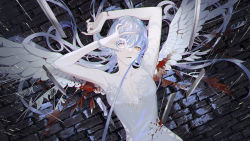 Rule 34 | 1girl, absurdres, angel, angel wings, arms up, blade, blood, blood on arm, blood on clothes, bloody wings, blue hair, chromatic aberration, cobblestone, commentary request, dress, expressionless, eyelashes, feathers, highres, huge filesize, knife, long hair, looking at viewer, lying, ok sign, ok sign over eye, on back, original, outdoors, parai0, pinned, rain, single wrist cuff, solo, white dress, wings, wrist cuffs, yellow eyes