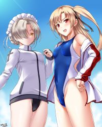 Rule 34 | 2girls, artist name, azur lane, black one-piece swimsuit, blonde hair, blue sky, blue one-piece swimsuit, blush, braid, breasts, cape, cleveland (azur lane), cloud, cloudy sky, competition swimsuit, covered navel, cowboy shot, dated, day, female focus, french braid, from below, hair between eyes, hair over one eye, highleg, highleg swimsuit, highres, jacket, long hair, long sleeves, looking at viewer, looking down, maid headdress, multiple girls, one-piece swimsuit, one side up, open mouth, outdoors, platinum blonde hair, ponytail, red eyes, sheffield (azur lane), sky, small breasts, standing, swimsuit, swimsuit under clothes, tsuchimiya, white jacket