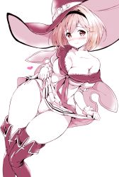 Rule 34 | 1girl, akina tsukako, bare shoulders, blonde hair, blush, boots, breasts, cleavage, closed mouth, clothes lift, collarbone, djeeta (granblue fantasy), embarrassed, granblue fantasy, hairband, hat, heart, large breasts, lifting own clothes, looking at viewer, panties, short hair, simple background, skirt, skirt lift, solo, thigh boots, thighhighs, underwear, warlock (granblue fantasy), white background, white panties, witch hat