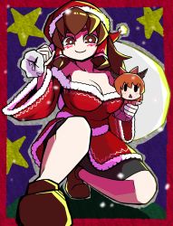 Rule 34 | 1girl, absurdres, alternate costume, bike shorts, black shorts, blush, border, breasts, brown eyes, brown footwear, brown hair, character doll, christmas, cleavage, closed mouth, commentary request, cookie (touhou), dress, full body, fur-trimmed dress, fur trim, hair tubes, hakurei reimu, hat, highres, holding, holding sack, ibuki suika, jijii (nicoseiga91467756), kanna (cookie), large breasts, long hair, long sleeves, looking at viewer, off-shoulder dress, off shoulder, parody, red border, red dress, red hat, sack, santa costume, santa dress, santa hat, scotch (cookie) (style), shoes, shorts, sidelocks, smile, solo, squatting, star (symbol), style parody, touhou, wide sleeves, yamin (cookie)