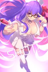 Rule 34 | 1girl, bb (bb shot!) (fate), bb (fate), black-framed eyewear, blush, breasts, choker, cleavage, closed mouth, collarbone, dress, echo (circa), fate/extra, fate/extra ccc, fate/grand order, fate (series), hair ribbon, hat, holding, holding syringe, large breasts, licking lips, long hair, looking at viewer, nurse, nurse cap, pink ribbon, purple eyes, purple hair, ribbon, short dress, smile, syringe, thighhighs, tongue, tongue out, very long hair, white choker, white dress, white thighhighs, wrist cuffs