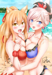 Rule 34 | 10s, 2girls, animal ear fluff, animal ears, bare shoulders, bikini, blonde hair, blue eyes, blush, breasts, cleavage, day, earrings, fate/extra, fate/extra ccc, fate/extra ccc fox tail, fate/grand order, fate (series), fox ears, hair ornament, jewelry, large breasts, light purple hair, long hair, looking at viewer, midriff, miyamoto musashi (fate), multiple girls, open mouth, outdoors, ponytail, smile, suzuka gozen (fate), swimsuit, yellow eyes