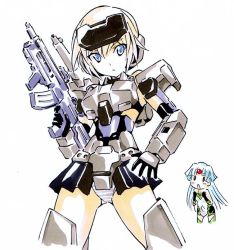 Rule 34 | 10s, 2girls, armor, assault rifle, black gloves, blonde hair, blue eyes, elbow gloves, facial mark, forehead mark, frame arms girl, gloves, gourai, grenade launcher, gun, headgear, long hair, mecha musume, multiple girls, open mouth, orichalcum reycal, panties, reycal, rifle, short hair, simple background, sketch, striped clothes, striped panties, thighhighs, traditional media, tsunashima shirou, underwear, weapon, white background