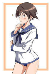 Rule 34 | 1girl, blush, brown eyes, brown hair, collarbone, dress, highres, military, military uniform, miyafuji yoshika, sailor dress, shiny skin, short hair, simple background, smile, solo, strike witches, swimsuit, tricky 46, uniform, world witches series