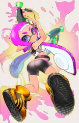 Rule 34 | 1girl, :&lt;, armor, artist name, ass, belt, bike shorts, black belt, blue eyes, breastplate, closed mouth, commentary, commission, dual wielding, eyebrow cut, from behind, full body, gold footwear, hair ornament, hairclip, highres, holding, holding weapon, inkling, inkling girl, inkling player character, long hair, looking at viewer, looking back, midriff, naoki (oosuko), nintendo, paint splatter, pink eyes, pink hair, pointy ears, shoes, sneakers, solo, splat dualies (splatoon), splatoon (series), star (symbol), star in eye, suction cups, symbol-only commentary, symbol in eye, tentacle hair, thick eyebrows, twintails, two-tone eyes, v-shaped eyebrows, very long hair, watermark, weapon