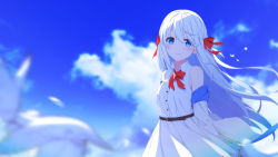 Rule 34 | 1girl, aoi thomas, bare shoulders, blue eyes, blue sky, blurry, blurry background, bow, breasts, closed mouth, cloud, collared dress, commentary, day, depth of field, dress, eyebrows hidden by hair, hair between eyes, hair bow, highres, long hair, long sleeves, looking at viewer, original, outdoors, red bow, sky, sleeveless, sleeveless dress, small breasts, smile, solo, very long hair, white dress, white hair
