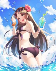 Rule 34 | 1girl, :d, absurdres, adjusting eyewear, ahoge, arm up, ass, back, bikini, blue sky, blush, bow, bow bikini, breasts, brown hair, cloud, cup, day, disposable cup, drink, drinking straw, dripping, eyewear on head, flower, from behind, front-tie bikini top, front-tie top, hair flower, hair ornament, hand on eyewear, hand up, heart, heart-shaped eyewear, hibiscus, highres, holding, ice, ice cube, inchangboy2, lens flare, long hair, looking at viewer, looking back, medium breasts, multicolored nails, nail polish, o-ring, o-ring bikini, o-ring top, open mouth, original, outdoors, parted bangs, purple bikini, red-framed eyewear, scrunchie, shiny skin, sidelocks, sky, smile, solo, sparkle, standing, sunglasses, sunglasses on head, swimsuit, twisted torso, underboob, wading, water, water drop, wet, wrist scrunchie