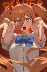 Rule 34 | 1girl, alternate hairstyle, bow, bowtie, chainsaw man, character name, commentary request, cross-shaped pupils, double v, hair between eyes, highres, hood (james x), horns, long hair, power (chainsaw man), red background, red hair, red horns, red nails, school uniform, sharp teeth, short sleeves, solo, symbol-shaped pupils, teeth, twintails, upper body, v, very long hair