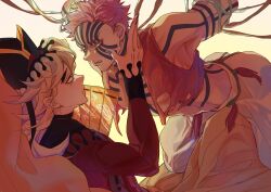 Rule 34 | 2boys, akaza (kimetsu no yaiba), amputee, angry, armpits, bare shoulders, between legs, black headwear, blonde hair, blue nails, clenched teeth, colored eyelashes, crop top, cushion, douma (kimetsu no yaiba), eye contact, eyelashes, facial mark, facial tattoo, flipped hair, forked eyebrows, from side, full-body tattoo, hair between eyes, half-closed eyes, hand up, hat, highres, ice, kimetsu no yaiba, knee up, kneeling, leaning forward, long hair, long sleeves, looking at another, looking away, male focus, midriff, multicolored eyes, multicolored hair, multiple boys, niezi, outstretched arms, pants, pectorals, pink hair, plant, print hair, rainbow eyes, reaching, reclining, red shirt, restrained, sash, shirt, short hair, sleeveless, streaked hair, string, tassel, tattoo, teeth, text in eyes, tight clothes, tight shirt, toned, toned male, torn clothes, vines, white background, yaoi, yellow background, yellow eyes