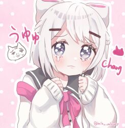 Rule 34 | 1boy, 1girl, black eyes, black sailor collar, blush, bob cut, bow, cardigan, character name, chibi, chibi inset, closed mouth, crying, crying with eyes open, finder oji-san, furrowed brow, hair bow, hair ornament, hairclip, half updo, highres, indie virtual youtuber, koibu mirury, long sleeves, looking at viewer, neck ribbon, open cardigan, open clothes, outline, pink background, pink ribbon, ribbon, sailor collar, school uniform, serafuku, shirt, short hair, sleeves past wrists, solo, strap slip, tears, translation request, twitter username, upper body, uyuyu-chang, virtual youtuber, wavy mouth, white bow, white cardigan, white outline, white shirt